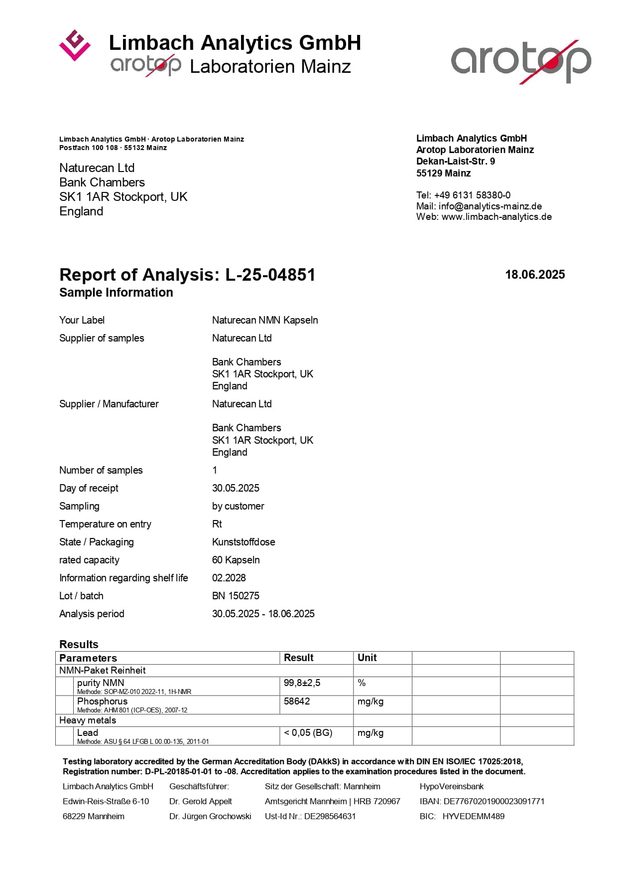 certificat de testare nmn